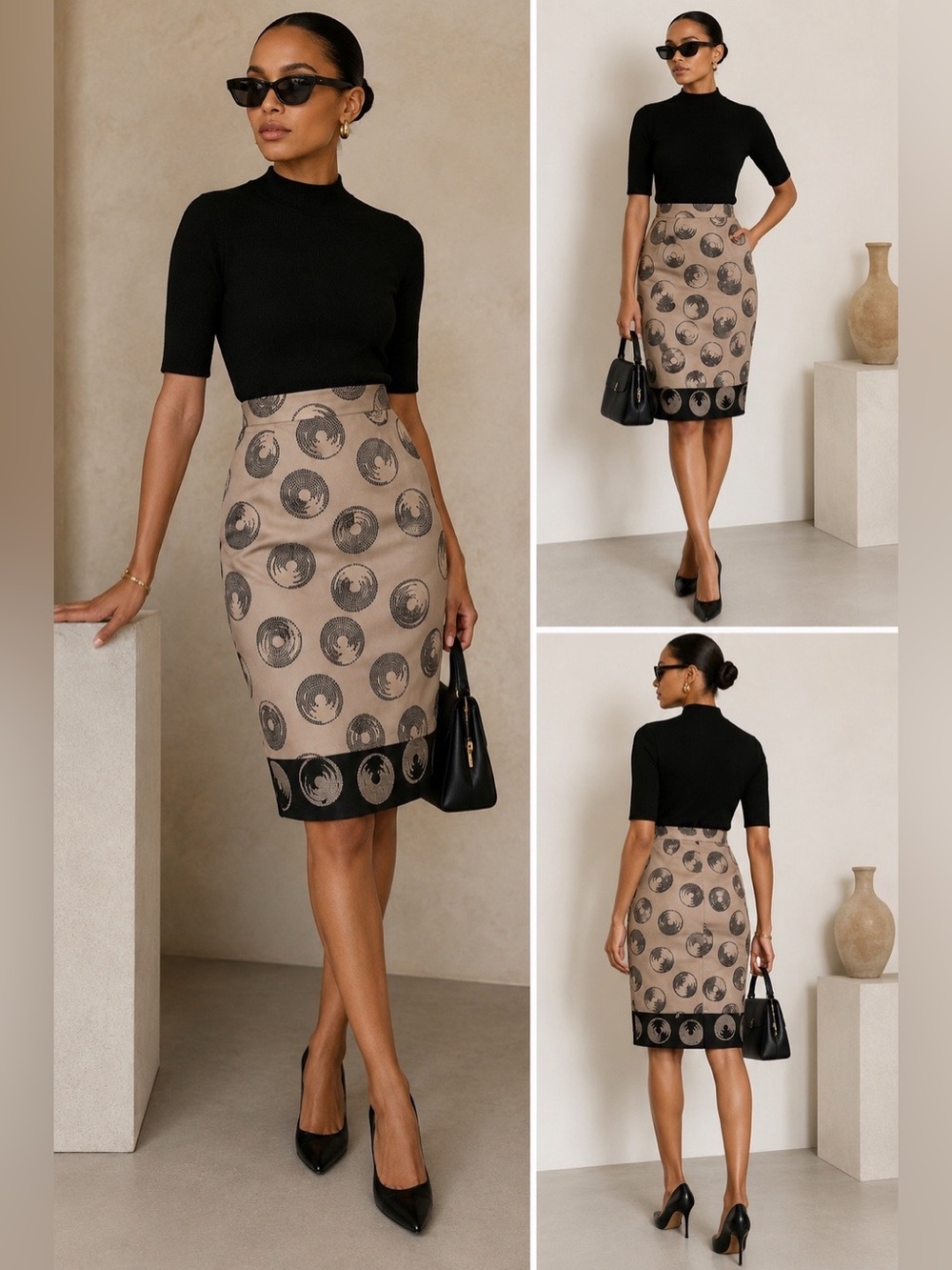 Silk Embroidered Pencil Skirt Size 2 Vintage Tan Black Career Office Going Out